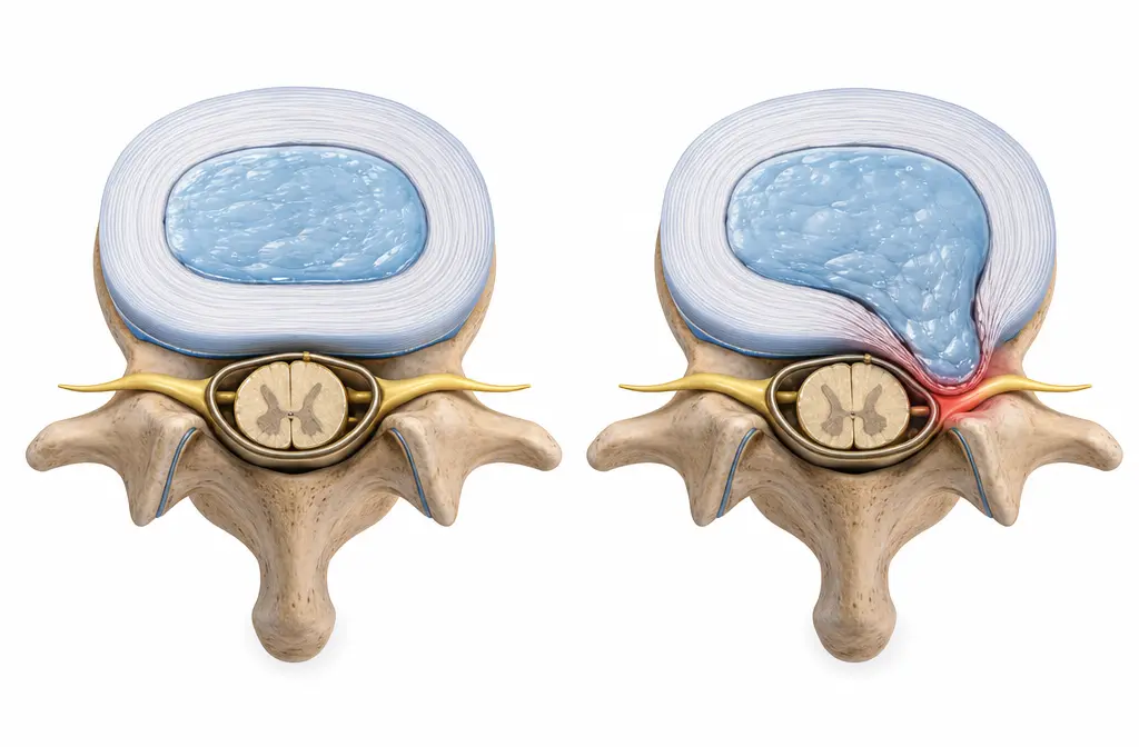 Cross-section of healthy vs herniated spinal disc