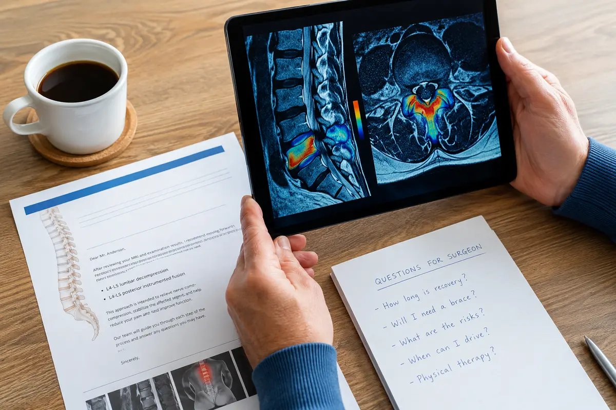 Patient reviewing spine MRI on tablet with surgical notes